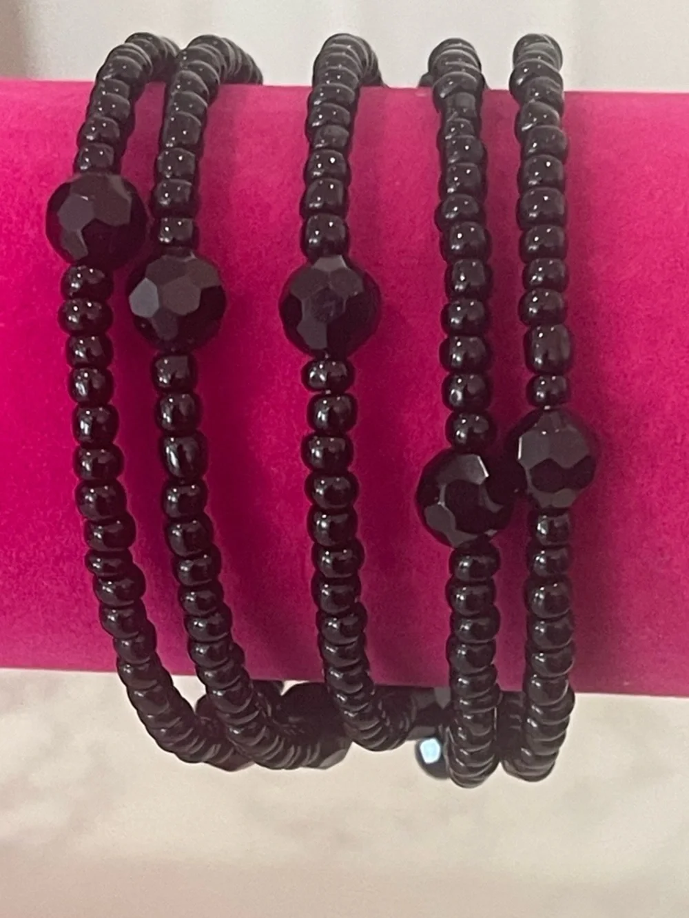 Black Beaded Bracelet Set with Silver Accents and Beaded Stretch Ring
